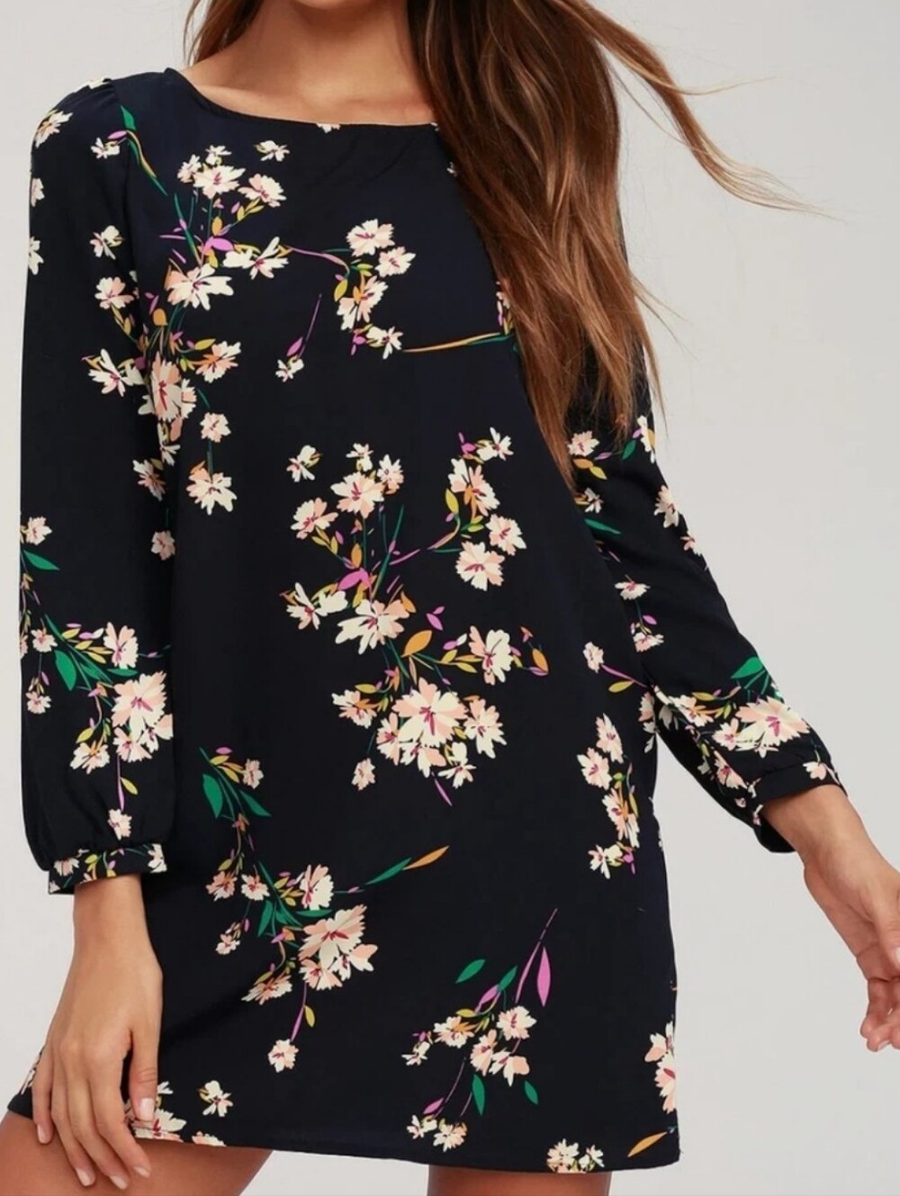 Lulus Herbacious navy Floral Print Mini shift Dress XL